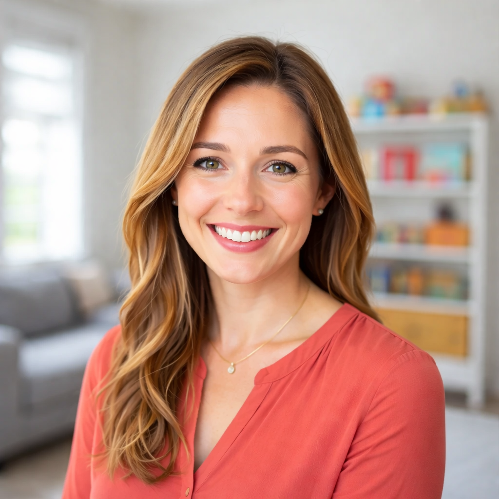 Smiling woman with long brown hair wearing a coral blouse, standing in a bright room. A bookshelf of colorful books is blurred in the background.