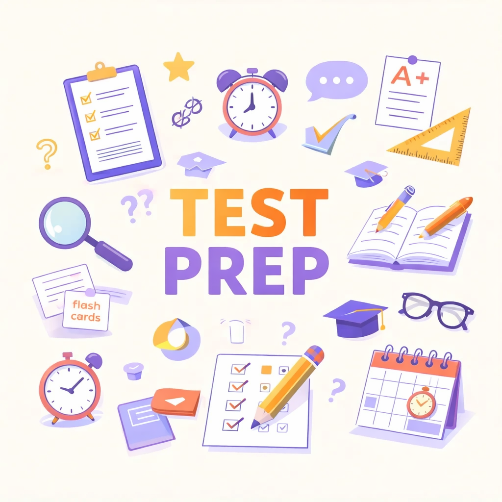 Bright educational collage around TEST PREP with clipboard, clock, magnifying glass, flash cards, graduation cap, notebook.
