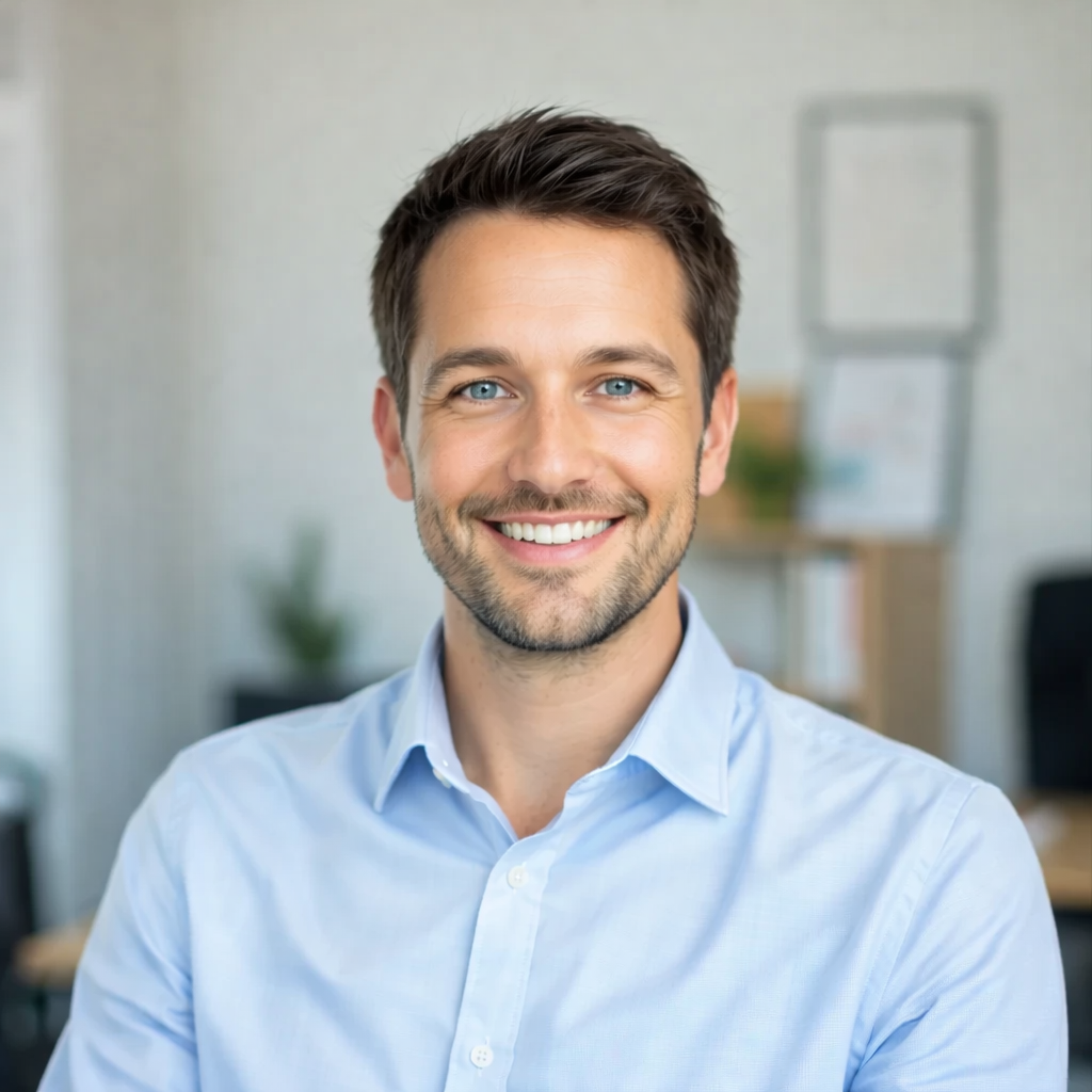 Smiling man with short brown hair in a light blue shirt in a bright office setting. Shelves and plants blurred in the background, conveying a friendly, professional tone.