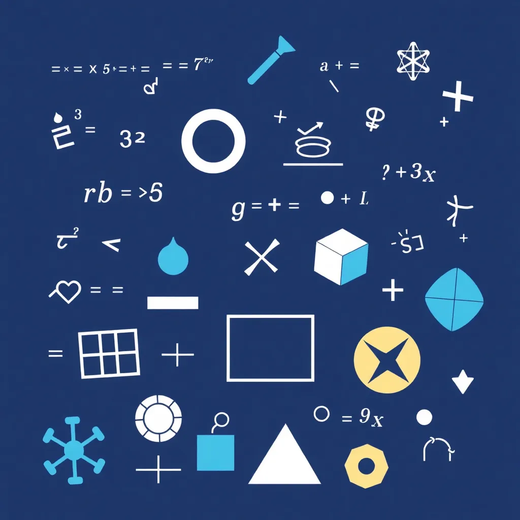 A collection of mathematical symbols, equations, and geometric shapes in white and blue on a dark blue background.