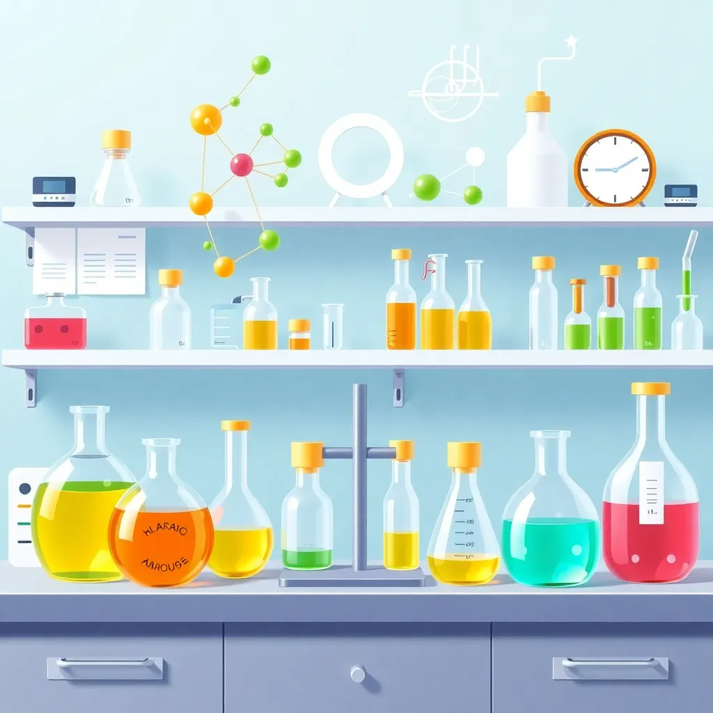 A laboratory bench with various glassware filled with colorful liquids and chemicals, shelves holding bottles, molecular models, and lab equipment in a clean, organized space.