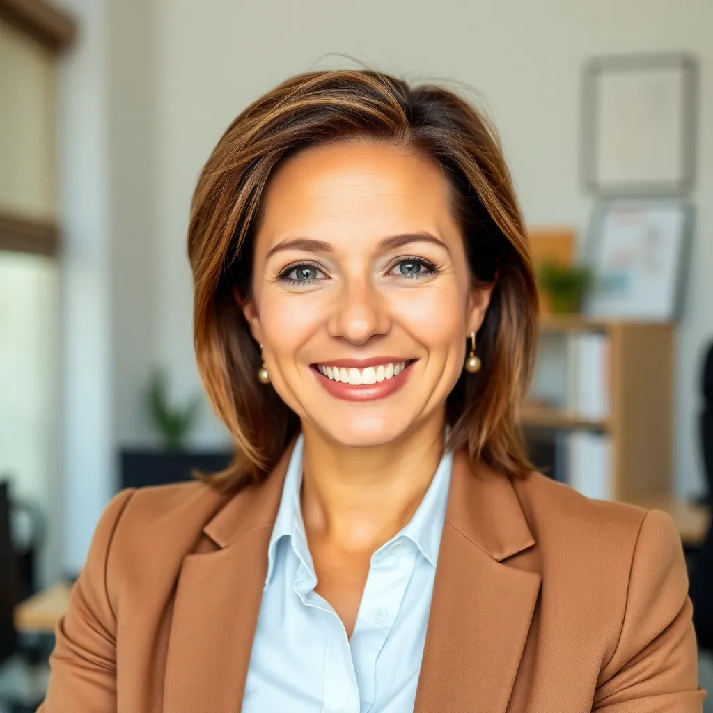 a woman smiling in semi-formal attire.